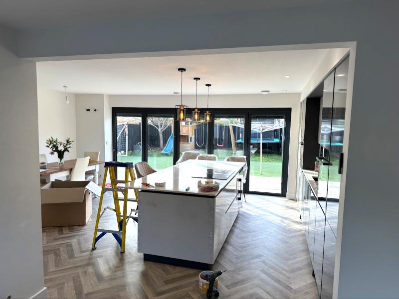 Kitchen island and family room during fit-out
